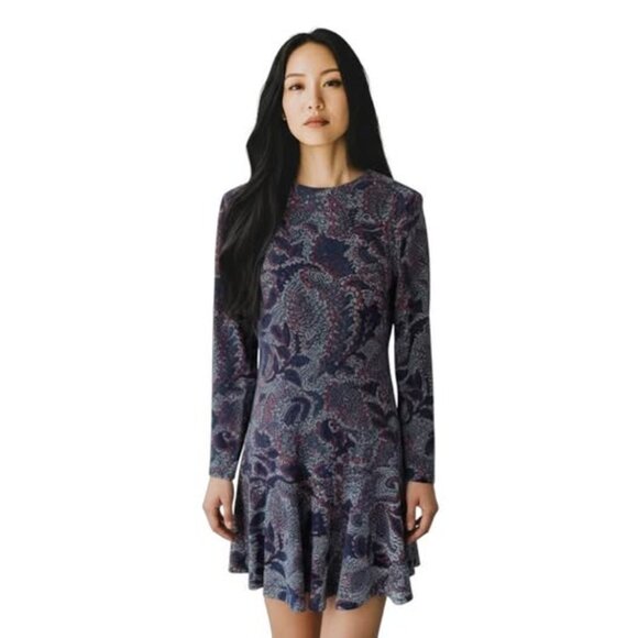 Tory Burch Size Small Navy Blue Red White Floral Dahlia Long Sleeve Dress. Midi. - Picture 1 of 13